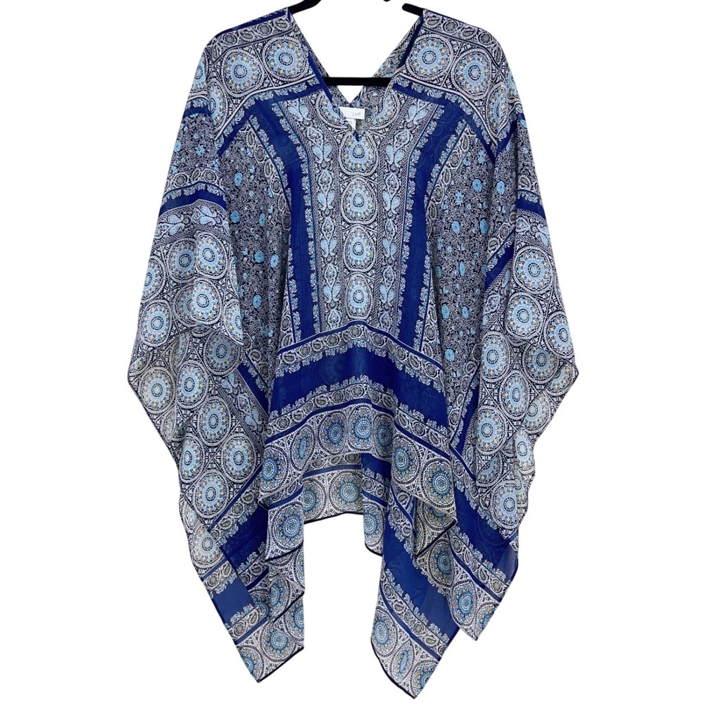 J. Jill Blue Medallion Paisley Print Sheer Poncho One Size Boho Chiffon Top